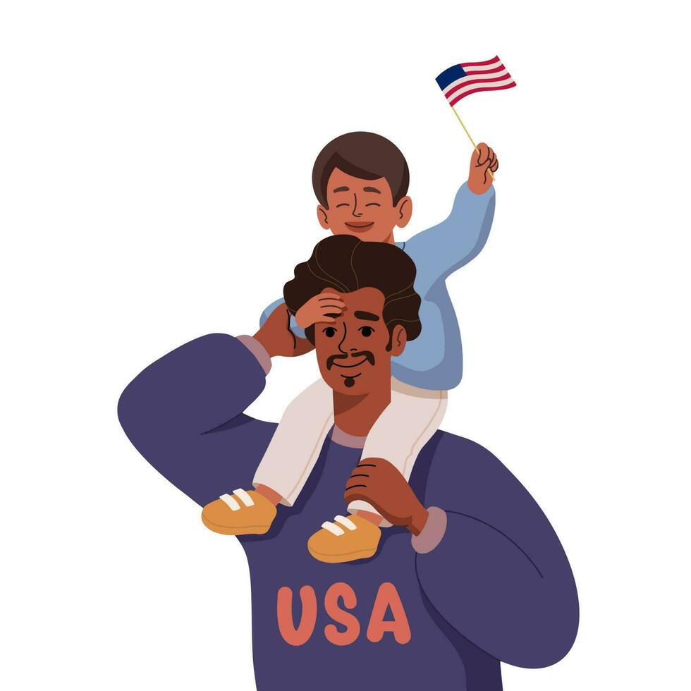 USA Independence Day concept with the best father and son on their shoulders in cartoon style for print and decoration. Vector illustration.