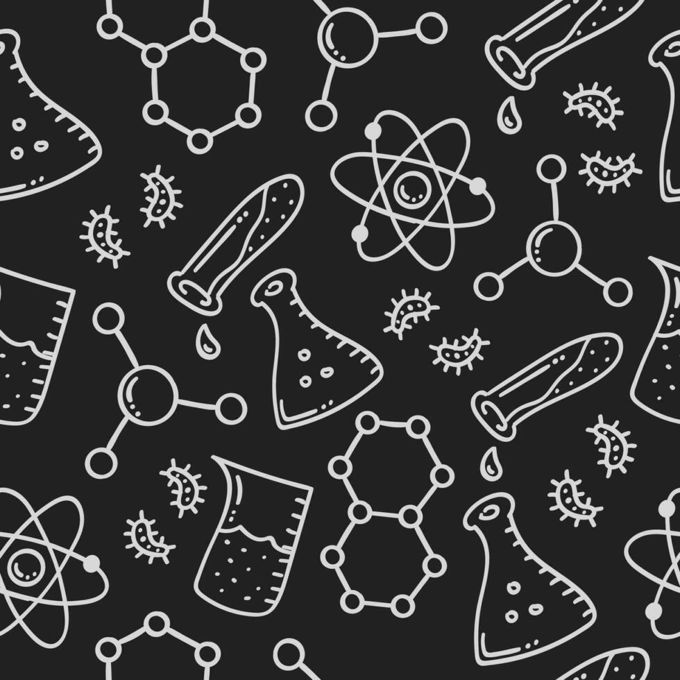 hand drawn chemistry and science seamless pattern on chalkboard vector