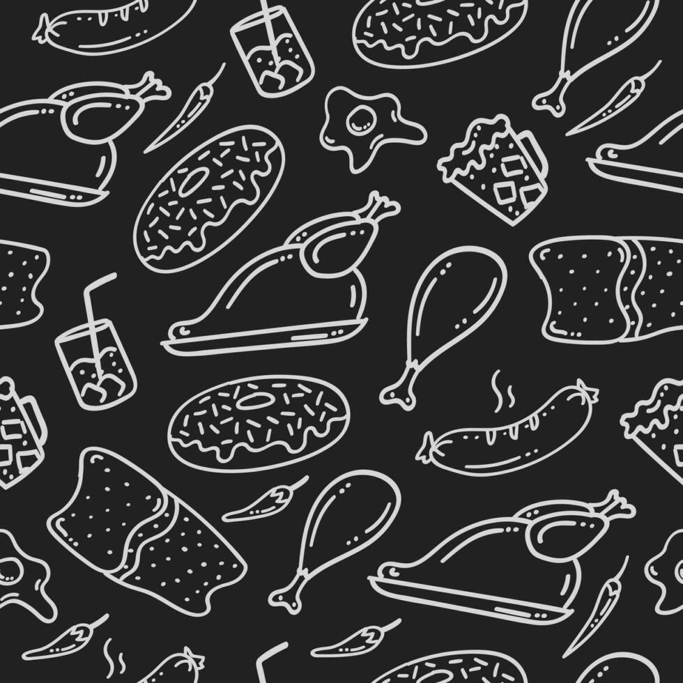 hand drawn food and beverage seamless pattern on chalkboard vector