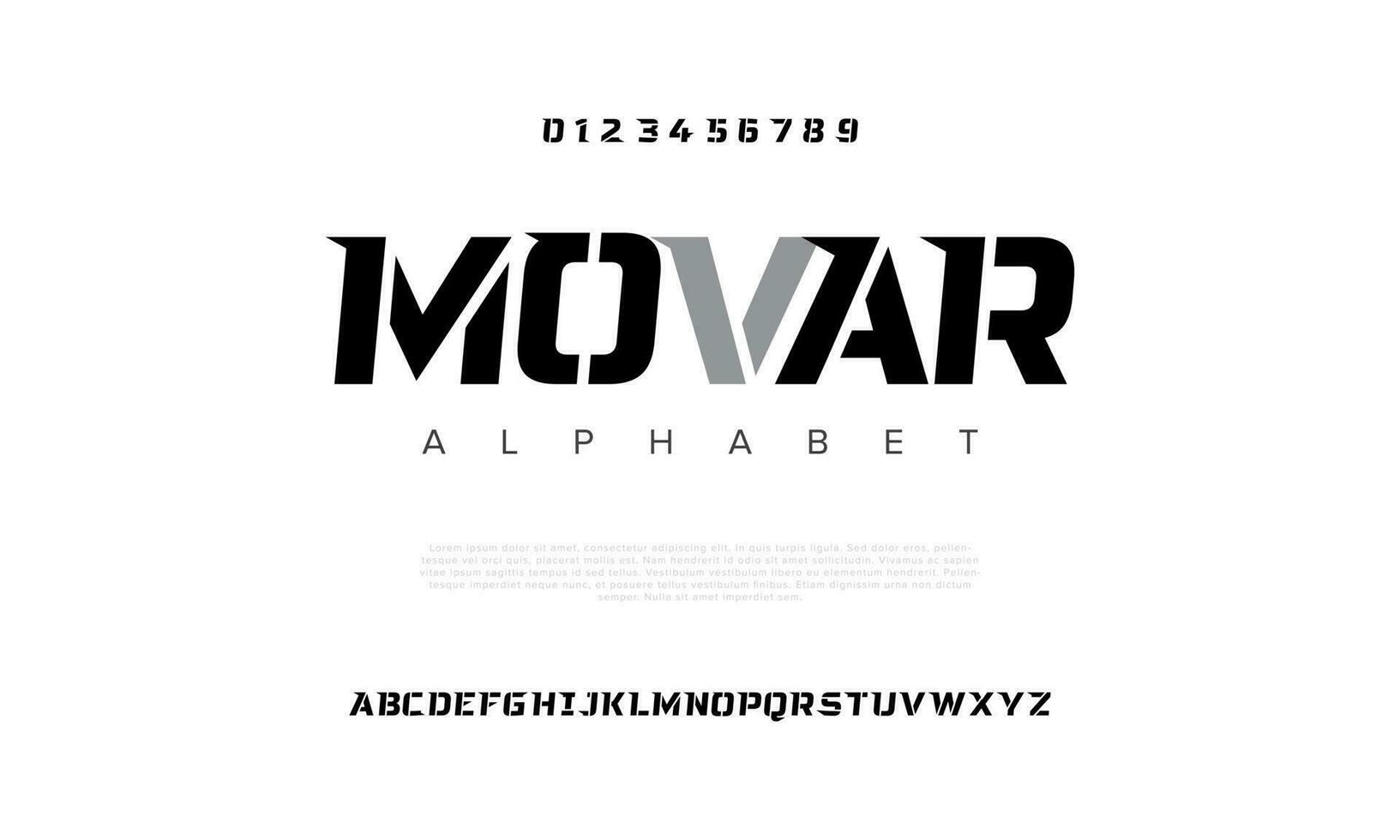 Movar abstract digital technology logo font alphabet. Minimal modern urban fonts for logo, brand etc. Typography typeface uppercase lowercase and number. vector illustration