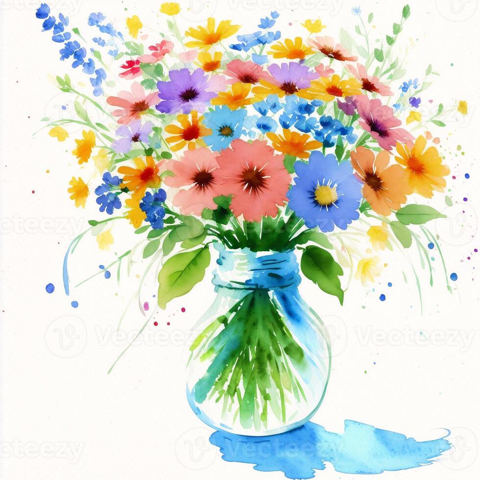 Beautiful watercolor bouquet. Whimsical Blooms. A Watercolor Bouquet of Wildflowers. photo