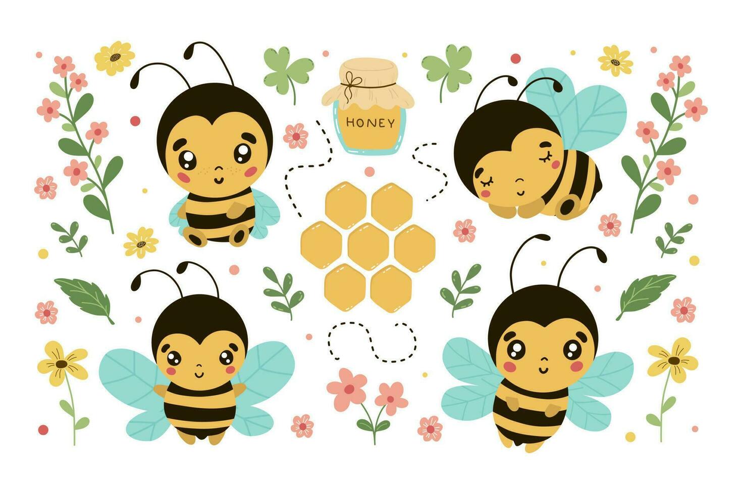 Funny bees with flowers and more. Vector naive characters in scandinavian hand-drawn cartoon style. Isolated characters on a white background.