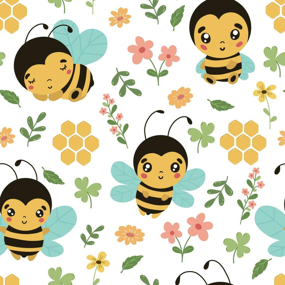 Funny bees and flowers seamless pattern. Vector naive characters in scandinavian hand-drawn cartoon style. Ideal for childrens textiles, clothing, wallpaper.