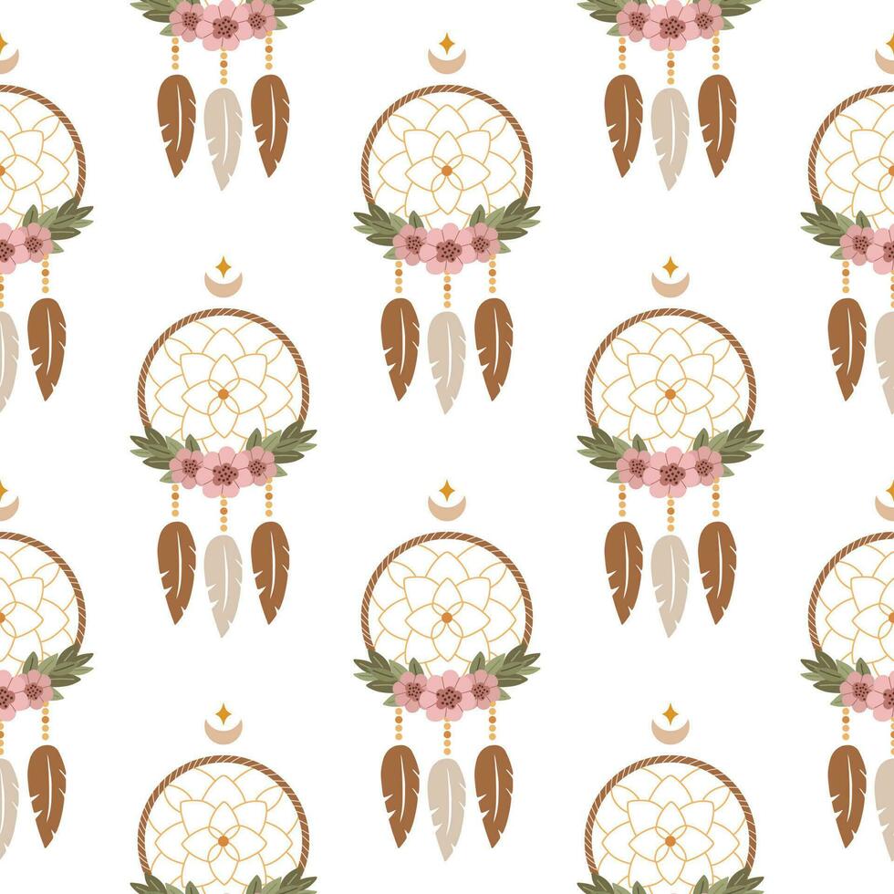 Vector ethnic seamless pattern. Native American dream catcher with feathers. Ethnic design,hand-drawn boho chic, tribal symbol. Vector illustration. Good for fabric, textiles, wallpaper