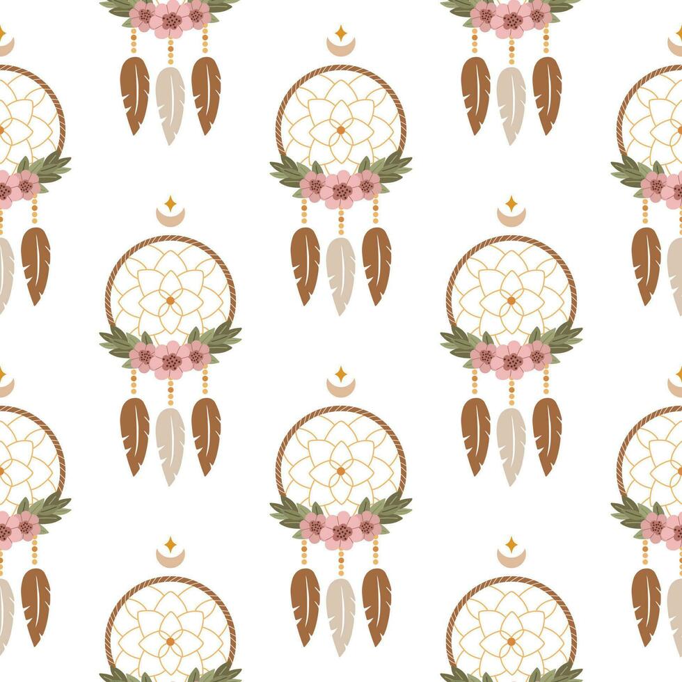 Vector ethnic seamless pattern. Native American dream catcher with feathers. Ethnic design,hand-drawn boho chic, tribal symbol. Vector illustration. Good for fabric, textiles, wallpaper