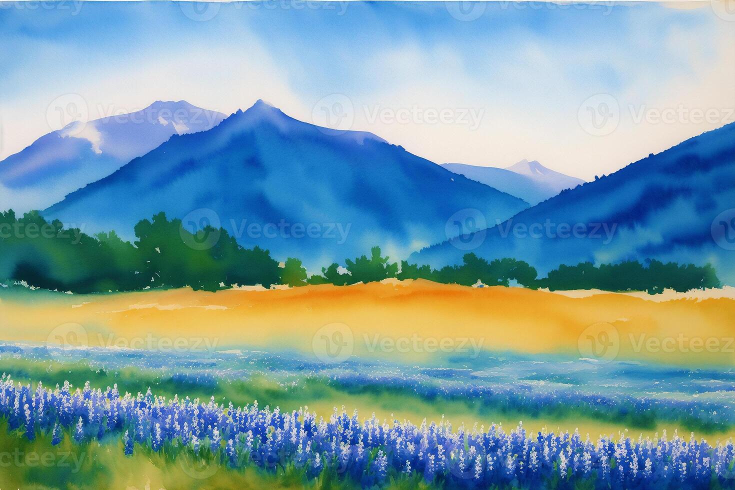 A beautiful scenery. Serene Summer Mountains. A Breathtaking Watercolor Scenery. photo