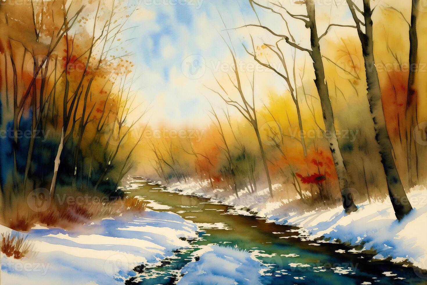 Tranquil Summer Scenery. A Watercolor Painting of Park, Lake, field and River. photo