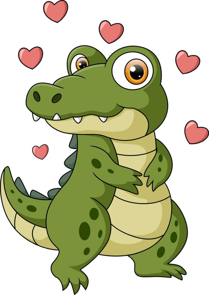 Cute baby crocodile cartoon with red hearts vector