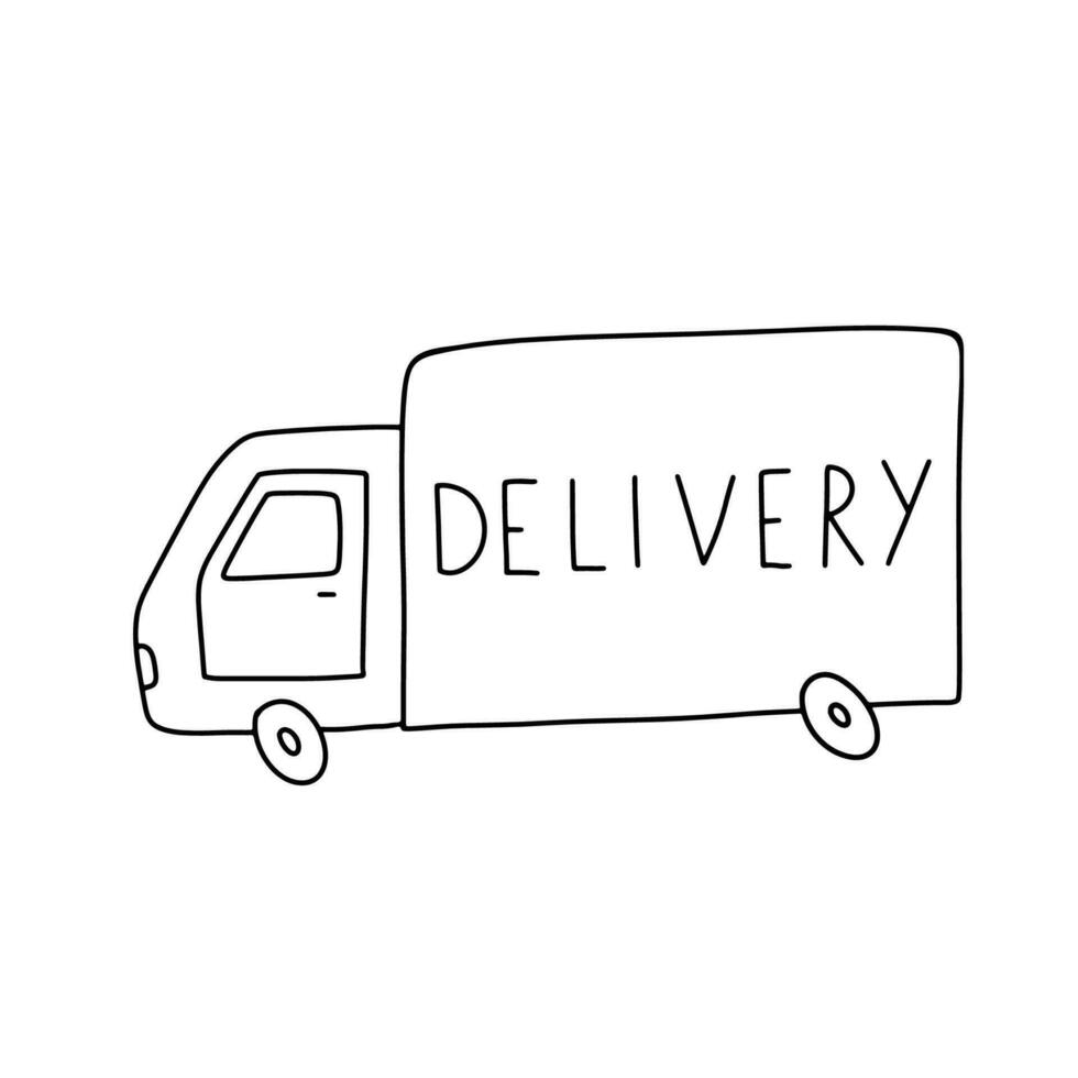 Hand drawn delivery truck icon isolated on white background. Funny doodle illustration vector