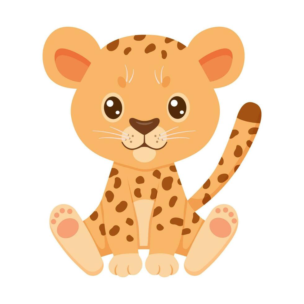 Cute leopard or cheetahin cartoon style. Drawing african baby wild cat isolated on white background. vector