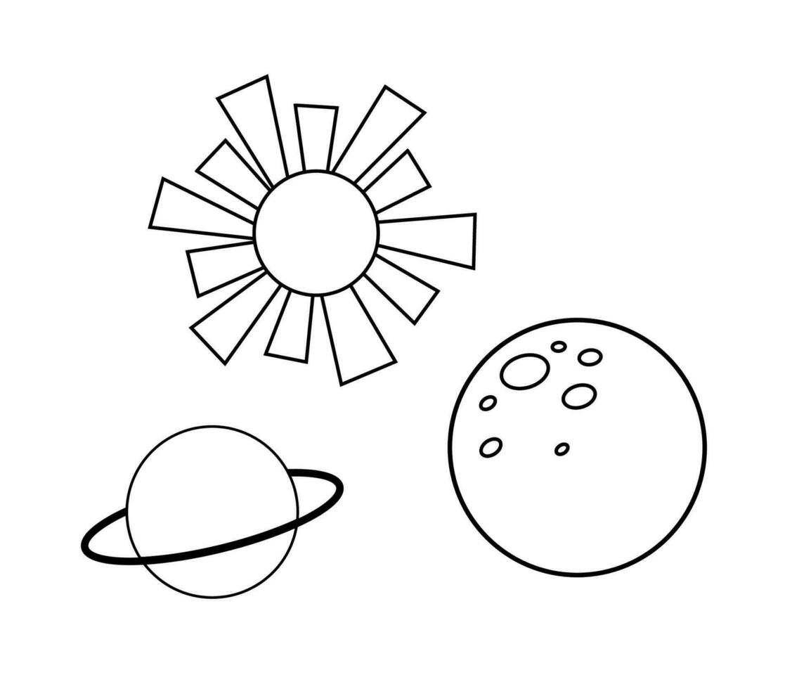 Moon, sun, planet saturn. Vector outline illustrations isolated on white background for coloring book