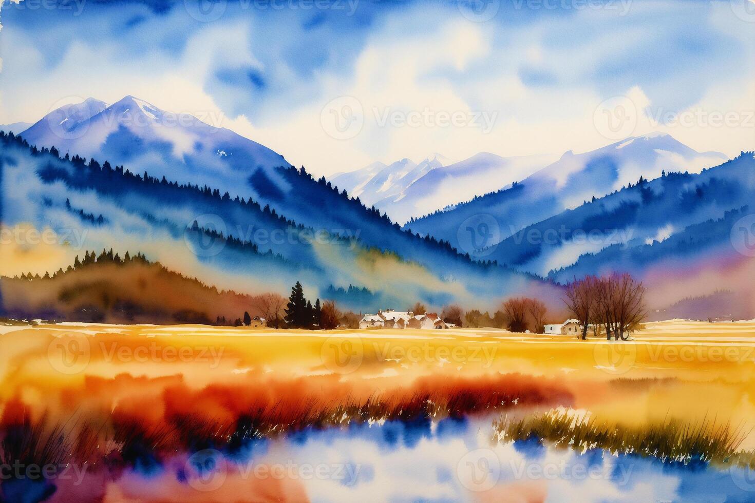 A beautiful scenery. Serene Summer Mountains. A Breathtaking Watercolor Scenery. photo