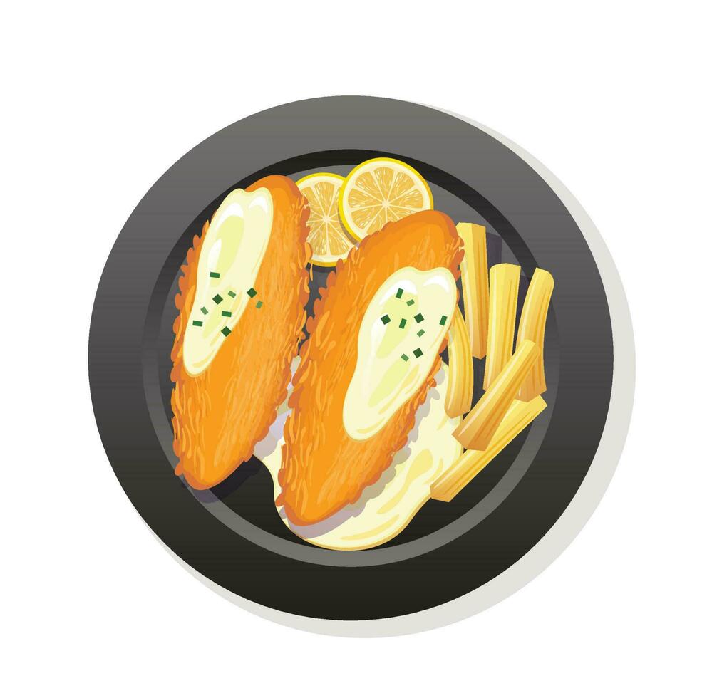 fish and chips on plate vector illustration