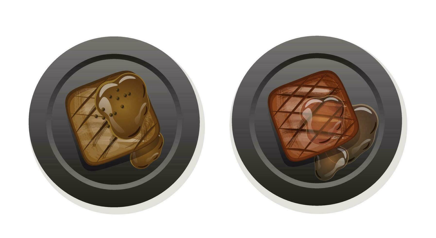 Juicy tasty steak on a black plate vector illustration