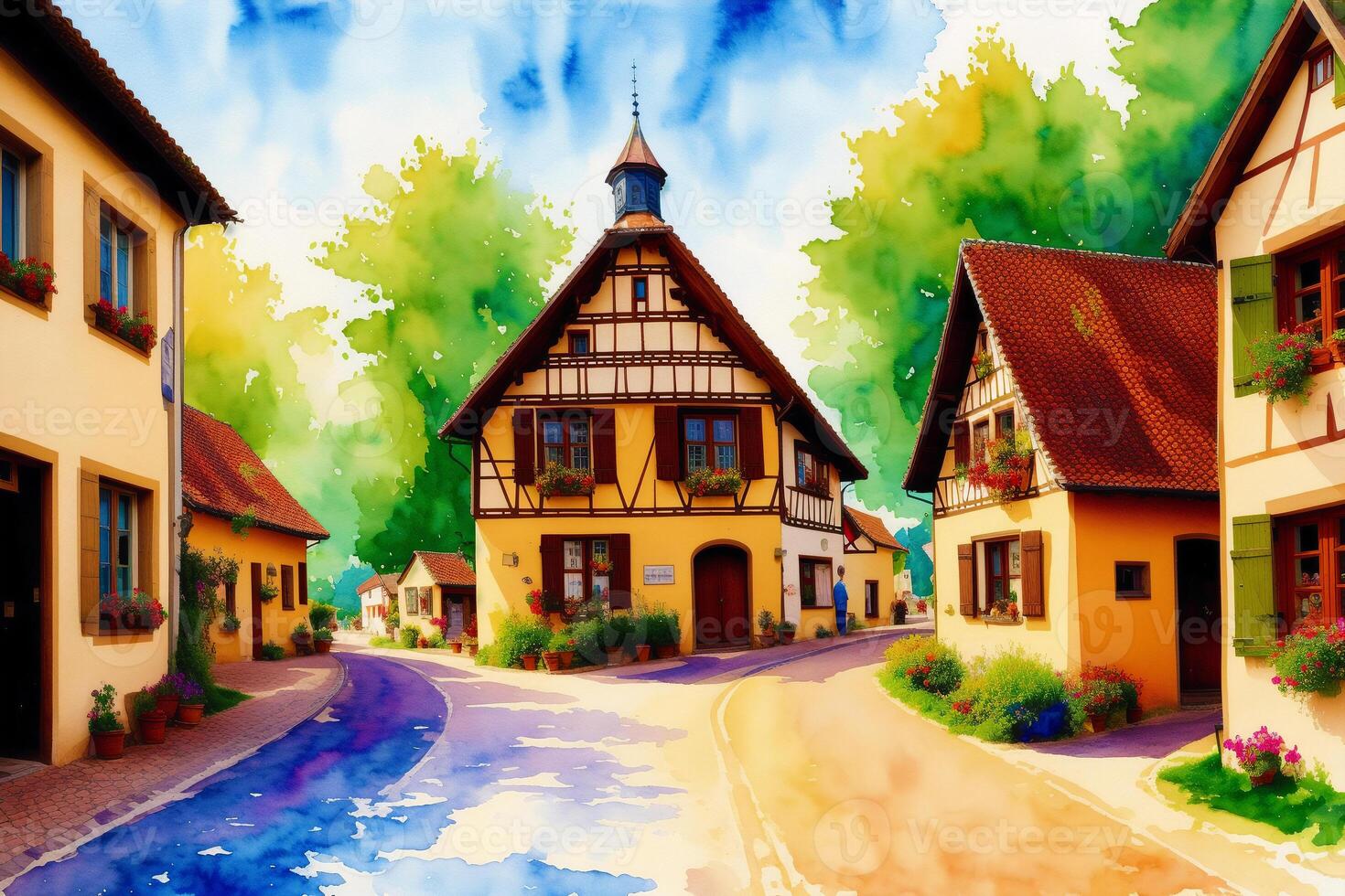 A watercolor town. Germany, Austria. Watercolor Painting of a German or Austrian Town. photo