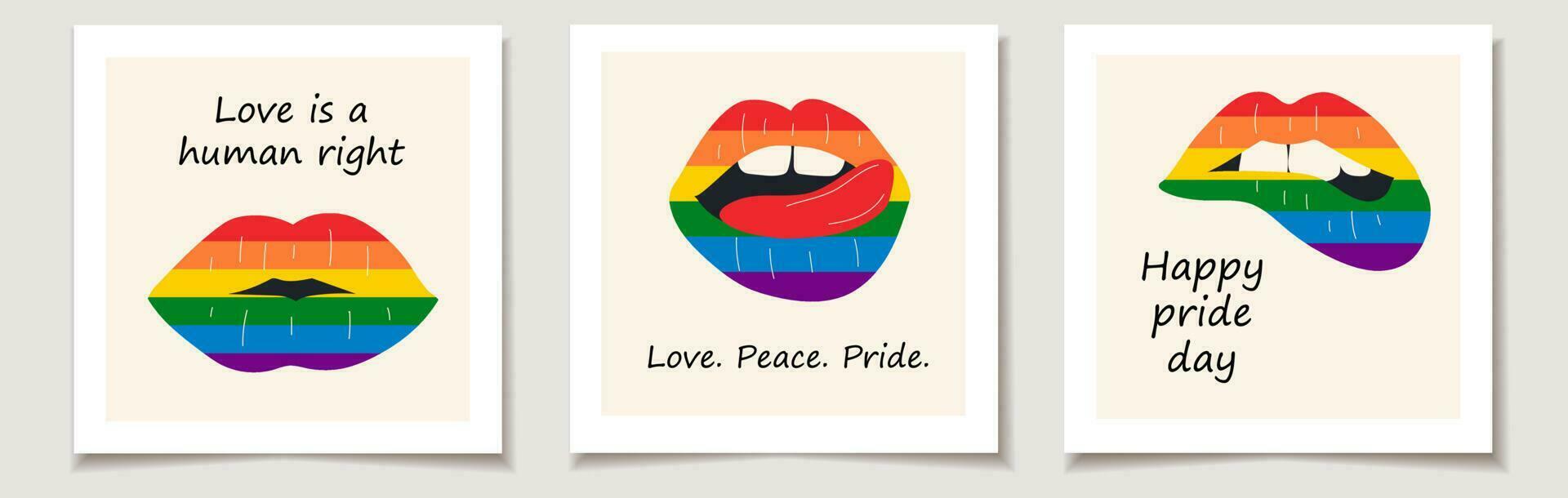 conjunto de orgullo día tarjetas con conjunto de Tres arco iris labios. Beso ilustración. amar, mes orgullo vector