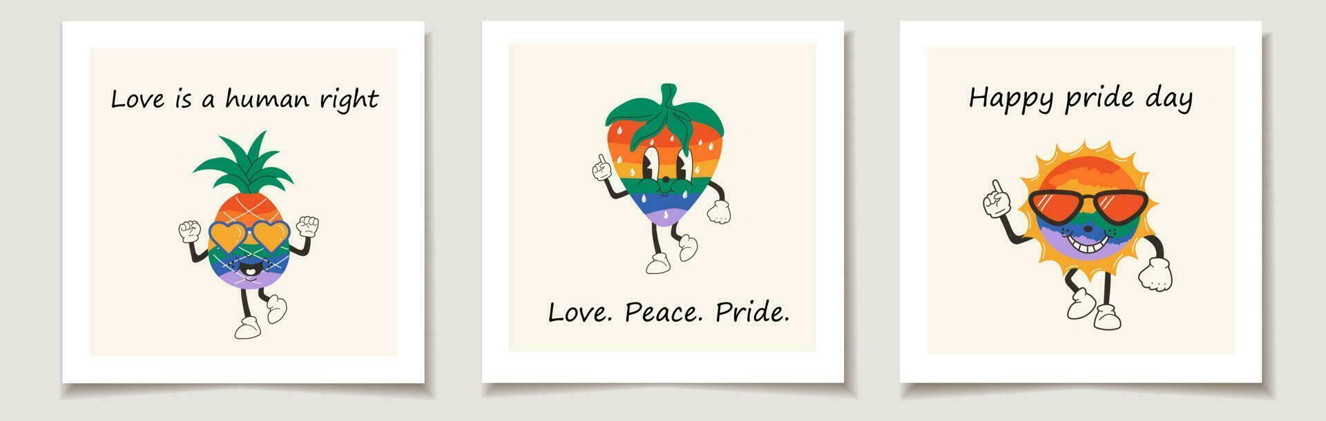 Set of pride day cards Cute happy funny rainbow fruits 30s cartoon mascot character 40s, 50s, 60s old animation style. Love, Month pride vector