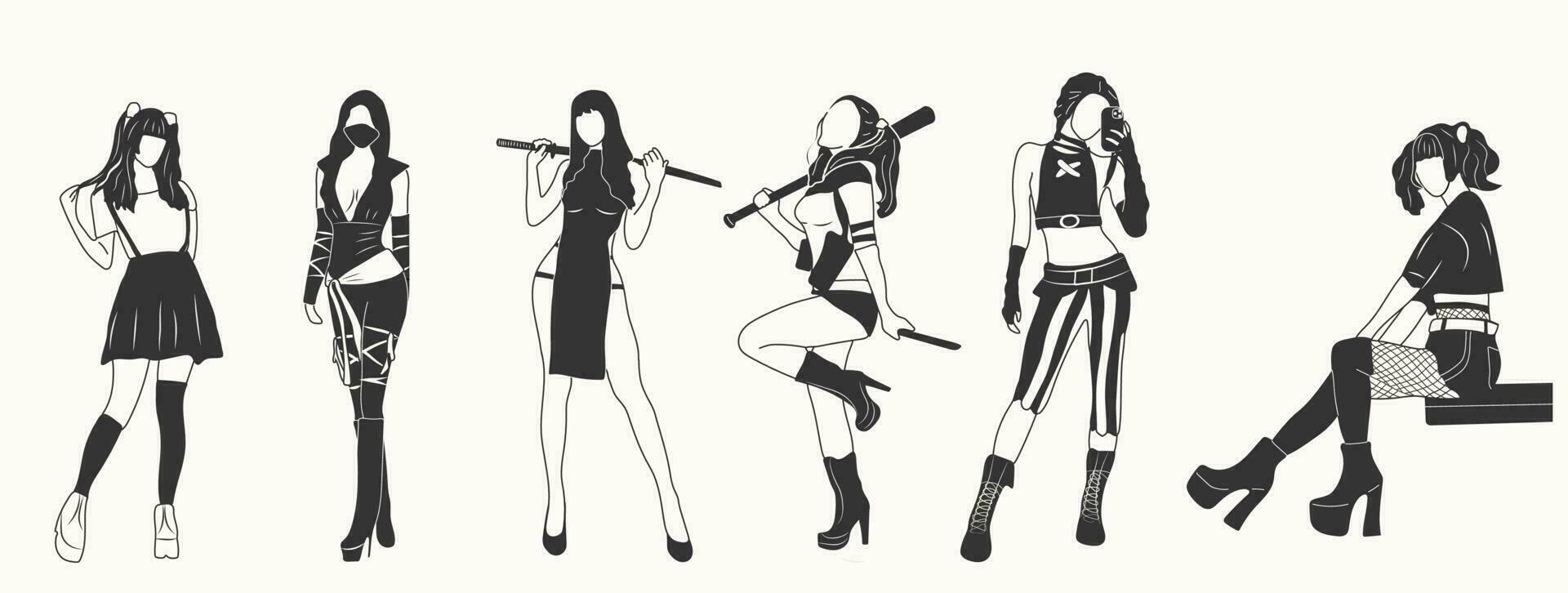 Set of Cosplay beautiful women with suit . Vector illustration isolated