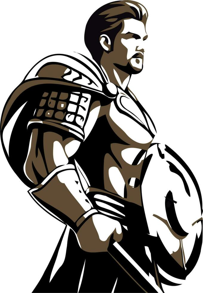 A Spartan warrior, clad in bronze armor, stands tall and resolute. With a fierce gaze, they hold a shield and spear, ready for battle. A crimson cape billows behind, symbolizing their loyalty. vector