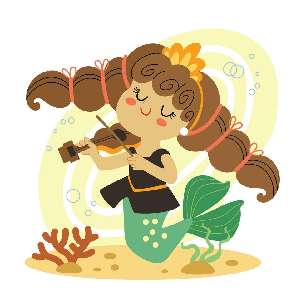 Cute cartoon mermaid musician plays violin vector illustration