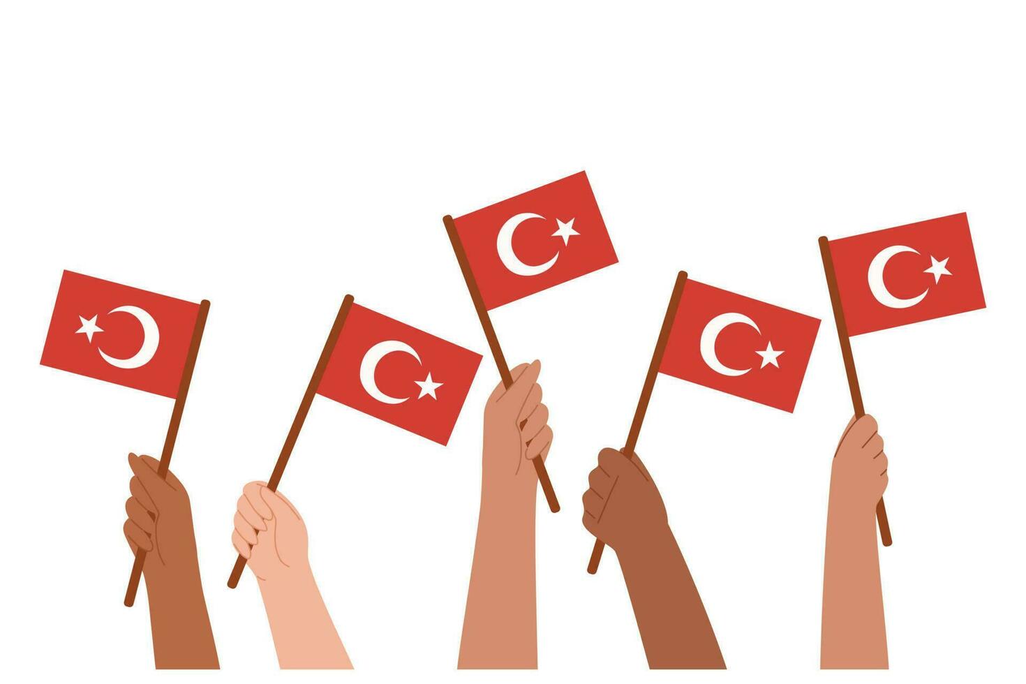 Hands holding Turkish flags. Vector illustration border.