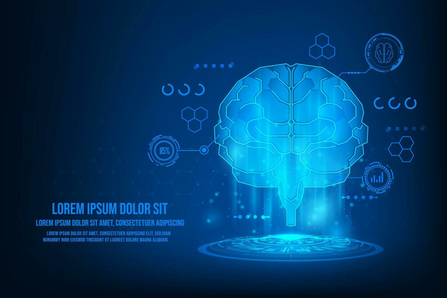 Vector analysis of brain with medical healthcare. Technology graphic of MRI scan interface. Hologram humen brain.