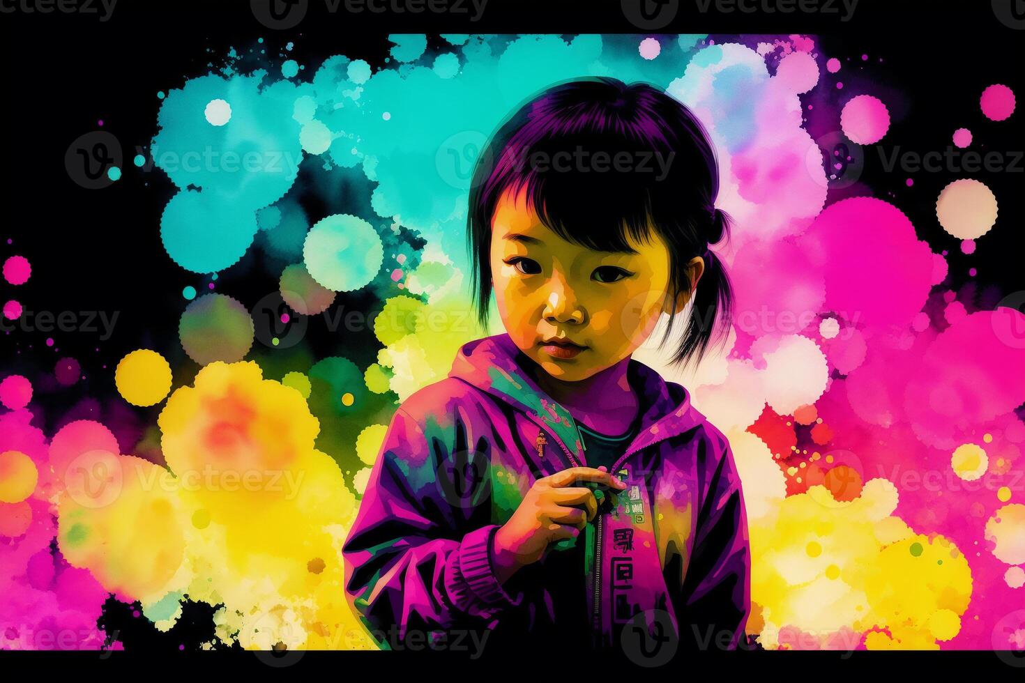 An illustration of A little asian girl. Playing. Silhouette. Watercolor paint. photo