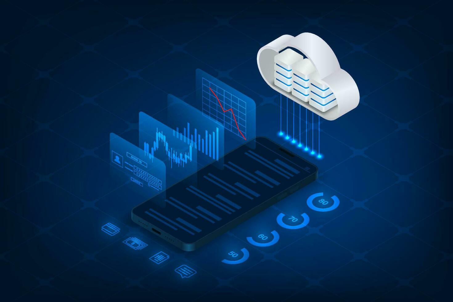 vector isométrica nube almacenamiento en línea datos Finanzas y comercio móvil solicitud.