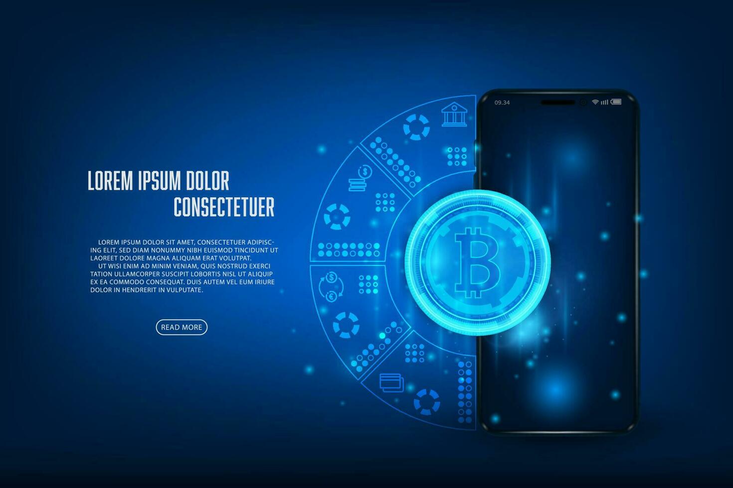 Vector abstract technology crypto currency concept. Bitcoin wallet application on mobile phone.