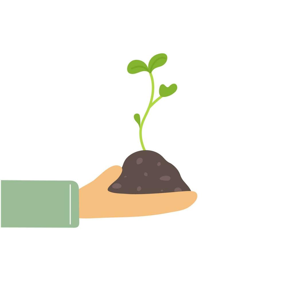 Hand with green sprout plant in soil with leaves. Microgreen healthy food. Vegetarian food. Raw sprouts, microgreens, healthy eating concept. Vector illustration