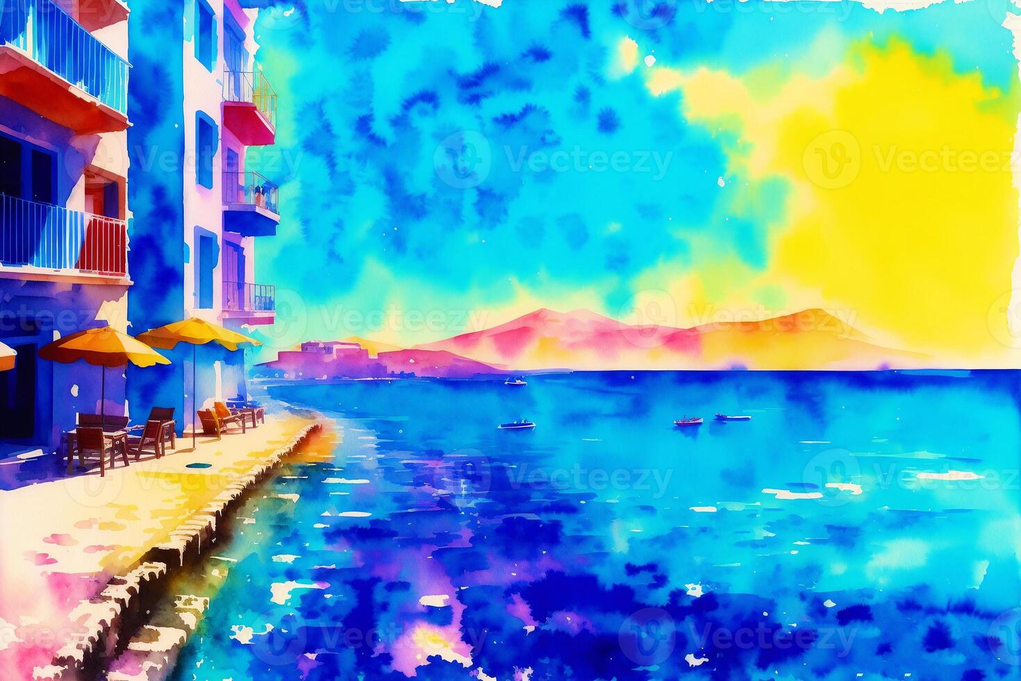 un acuarela ciudad. un Mediterráneo paraíso. acuarela pintura de un encantador griego ciudad. generativo ai foto