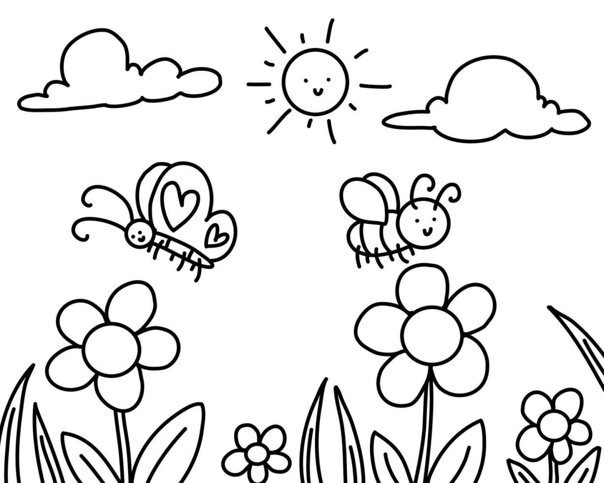Cute Cartoon Bugs Coloring Page for kids. bee, butterfly. vector