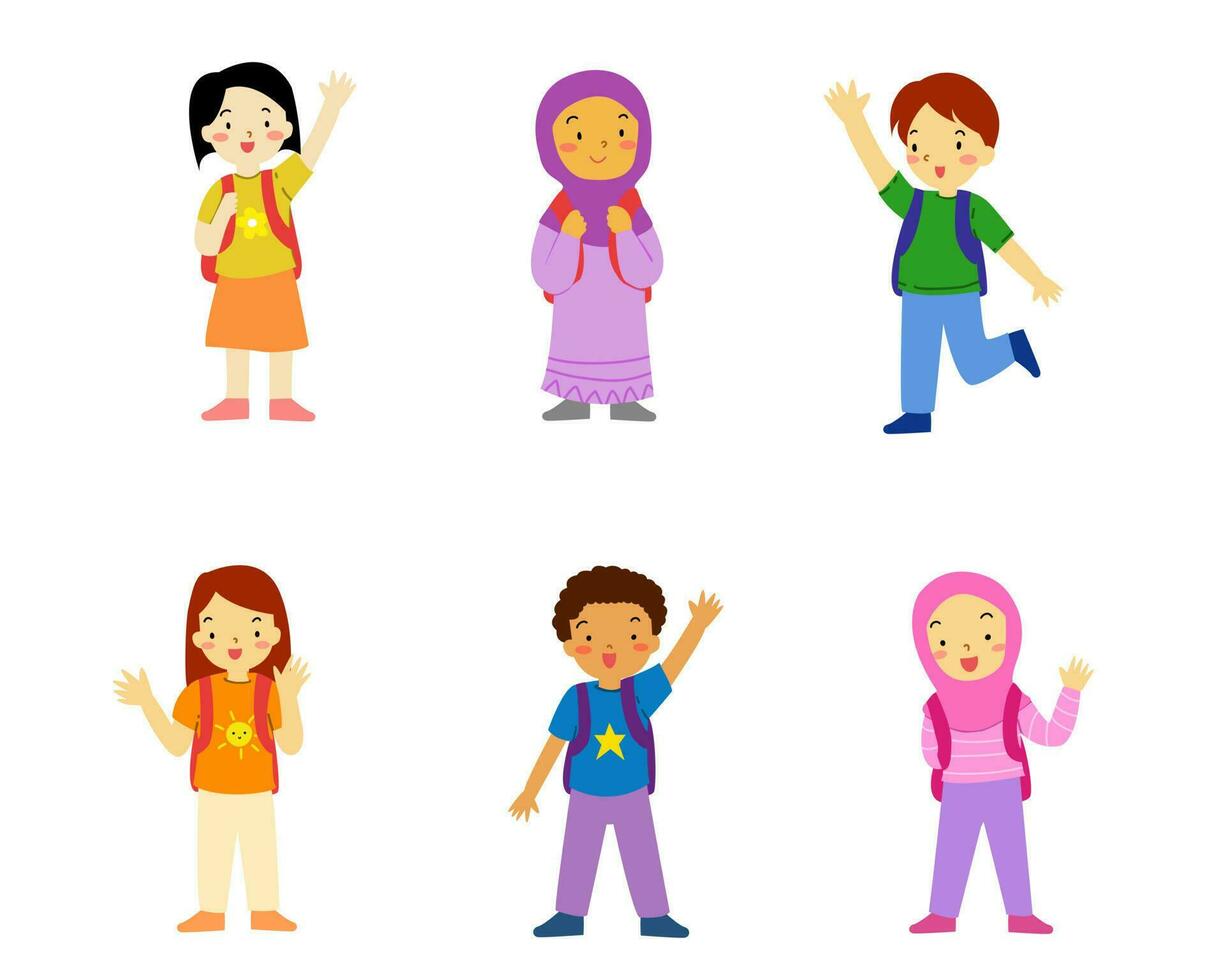 niños Niños y muchachas con colegio mochilas conjunto aislado vector ilustración. multiétnico linda niños