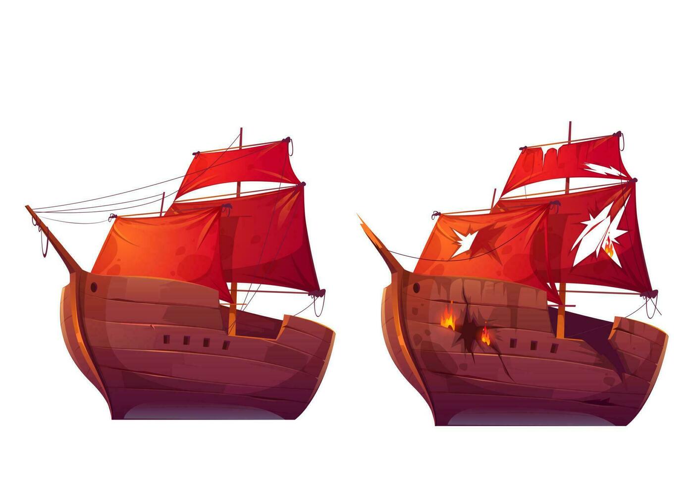 Retro wooden ships with red scarlet sail cartoon vector