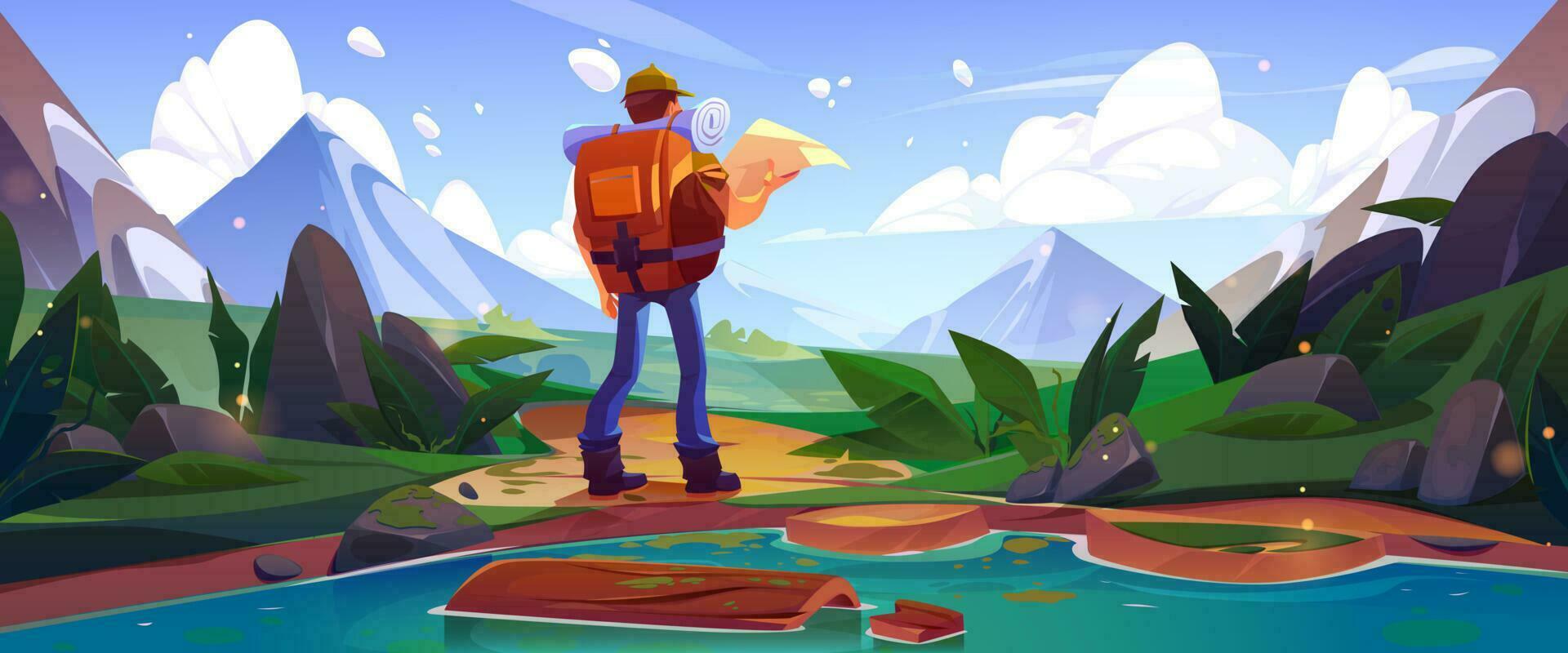hombre viaje cerca lago y montaña ilustración vector
