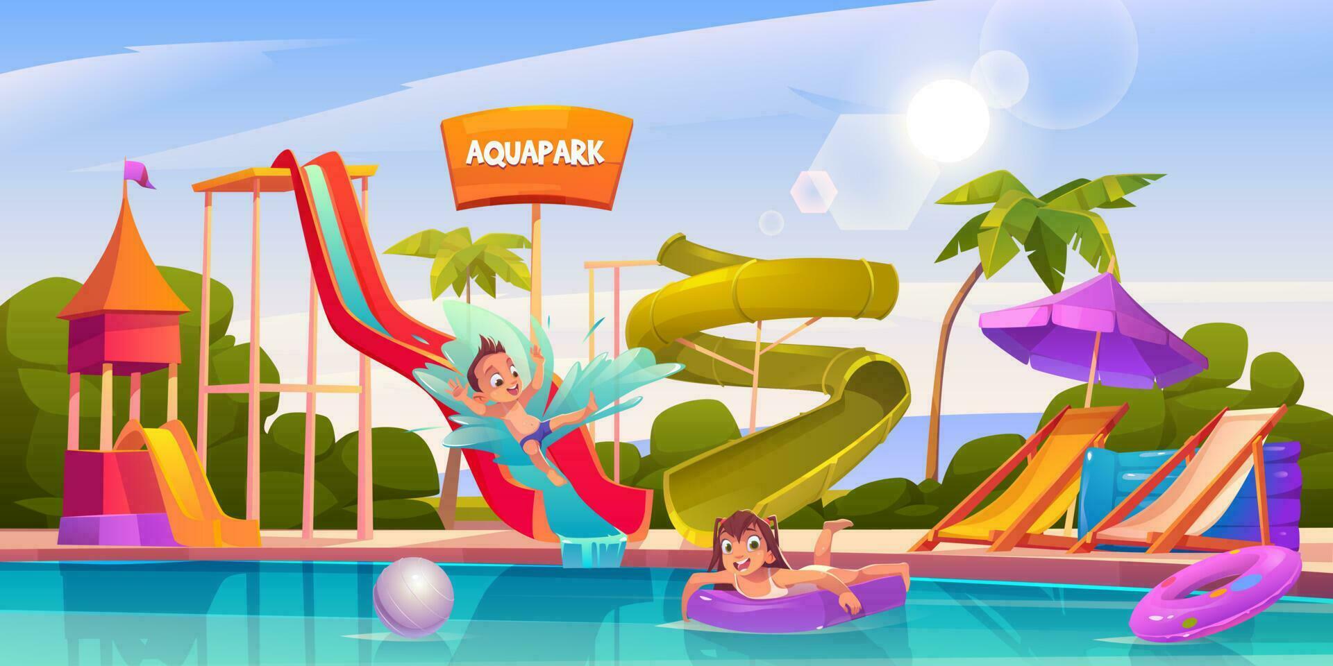 Kids in aquapark, amusement aqua park attractions vector