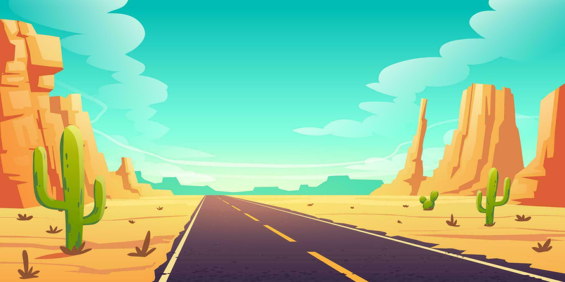 Desert landscape with road, cactuses and rocks vector