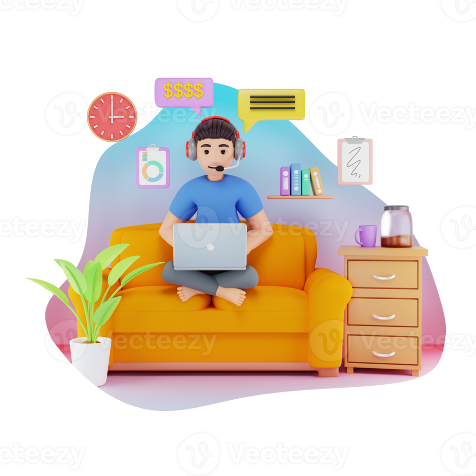 Male Freelancer Working From Home 3D Character illustration png