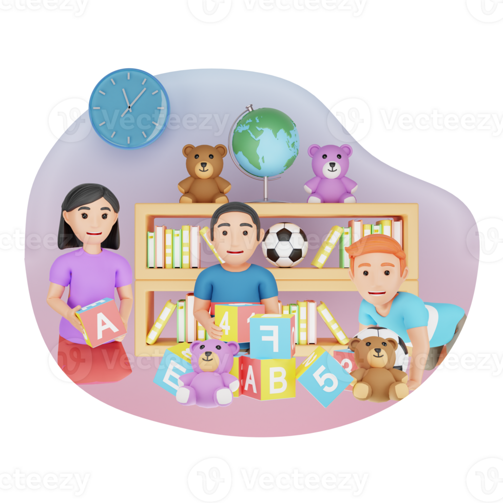 Kids Playing With Toys In Preschool 3D Character Illustration png