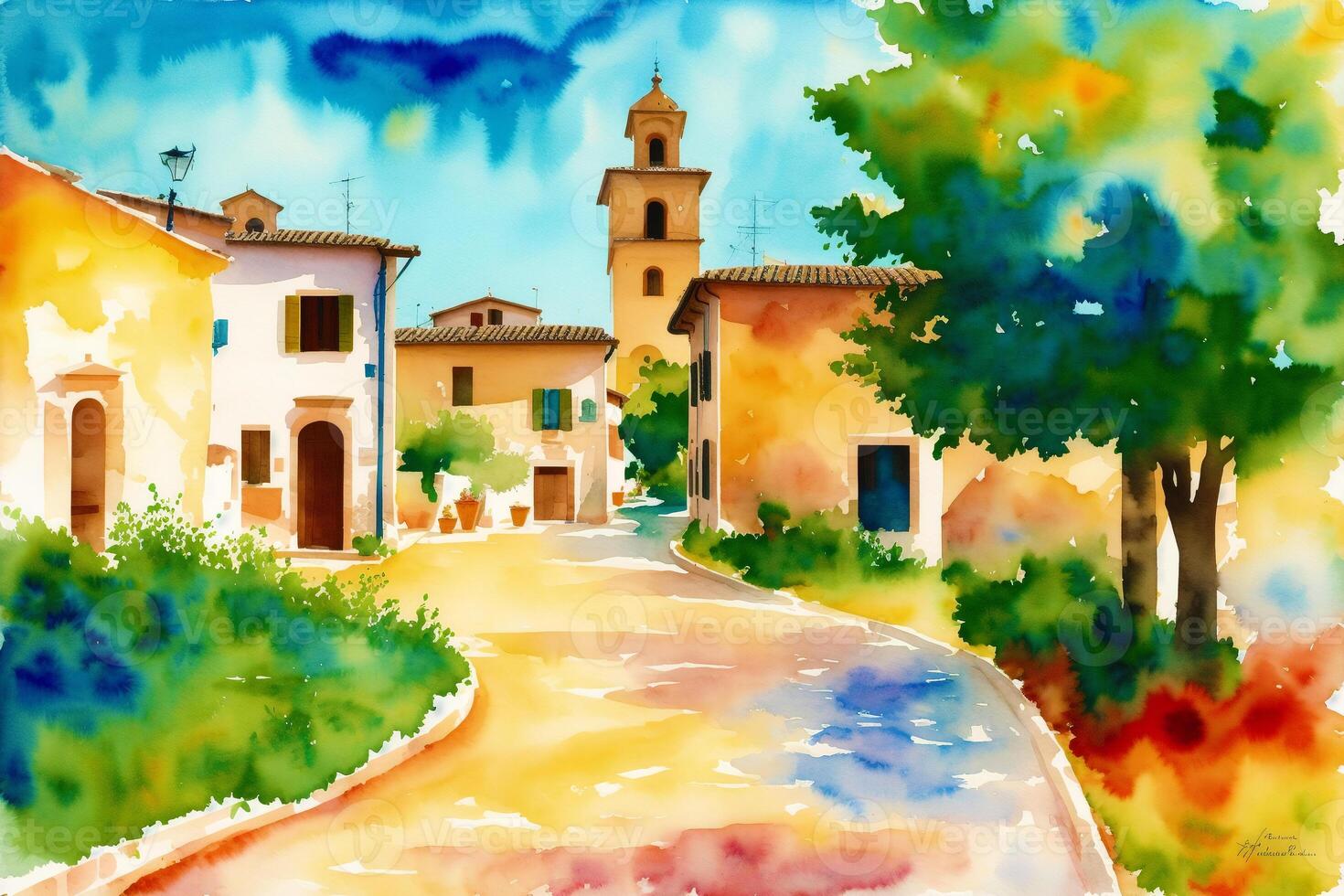 A watercolor town. Italy, Spain, France. Watercolor Painting of a Serene Mediterranean Town. photo