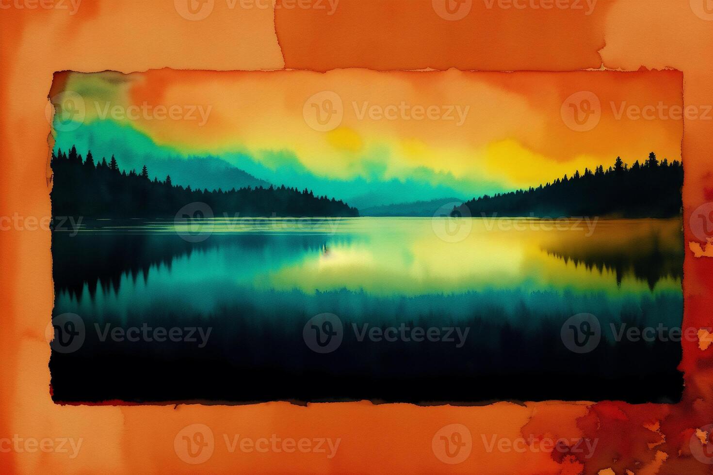 A painting of a lake on the watercolor background. Watercolor paint. Digital art, photo