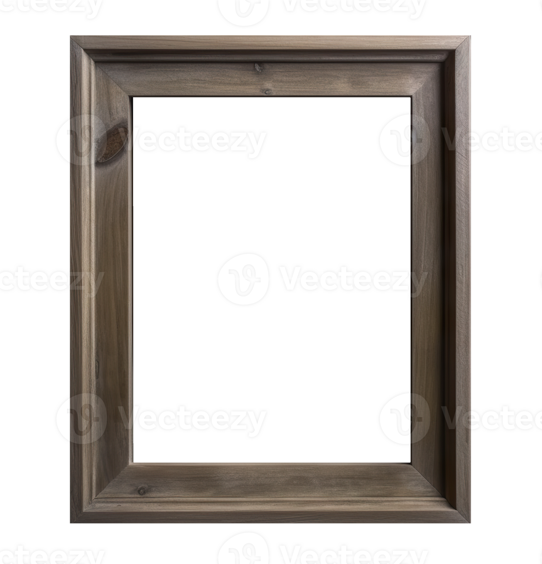 Wooden, empty, vertical picture frame on transparent background. Cut