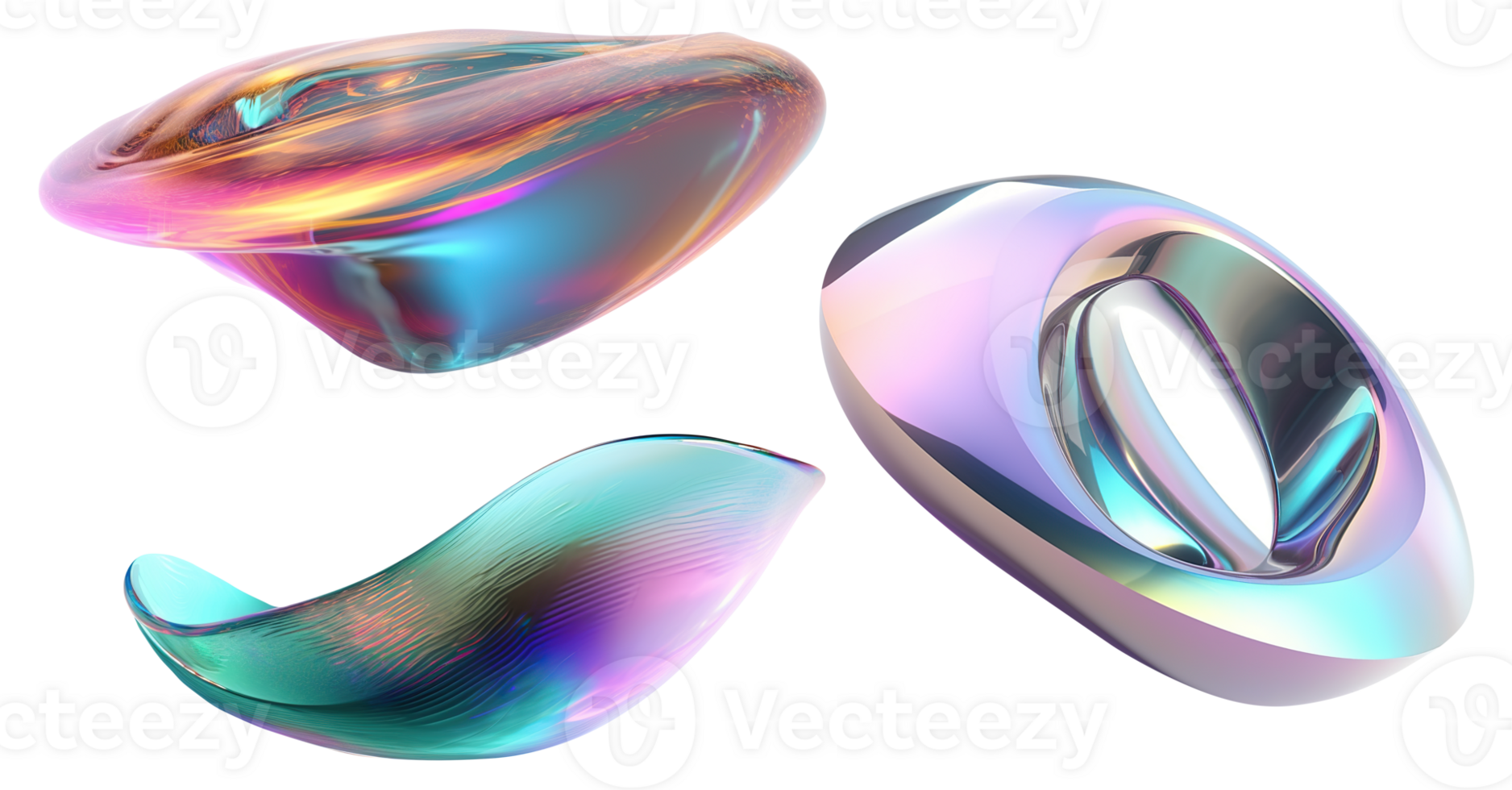 Set of abstract multicolor shapes on transparent background. Metallic holographic color. Trendy and futuristic design elements as . Iridescent cut out objects. . png
