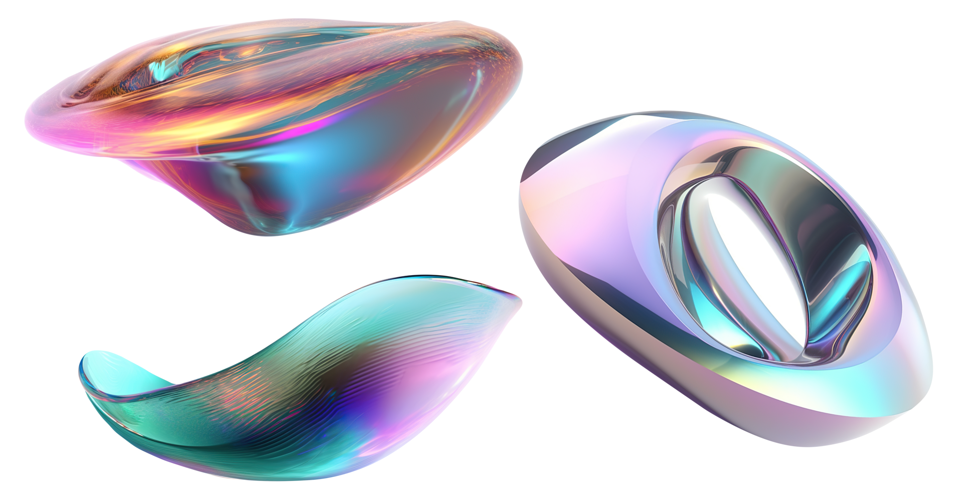 Set of abstract multicolor shapes on transparent background. Metallic
