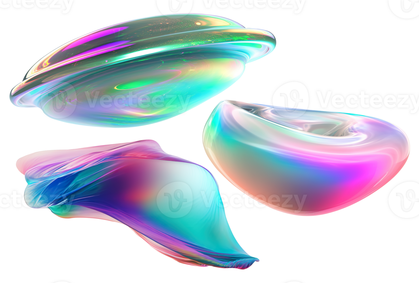 Set of abstract multicolor shapes on transparent background. Metallic holographic color. Trendy and futuristic design elements as . Iridescent cut out objects. . png