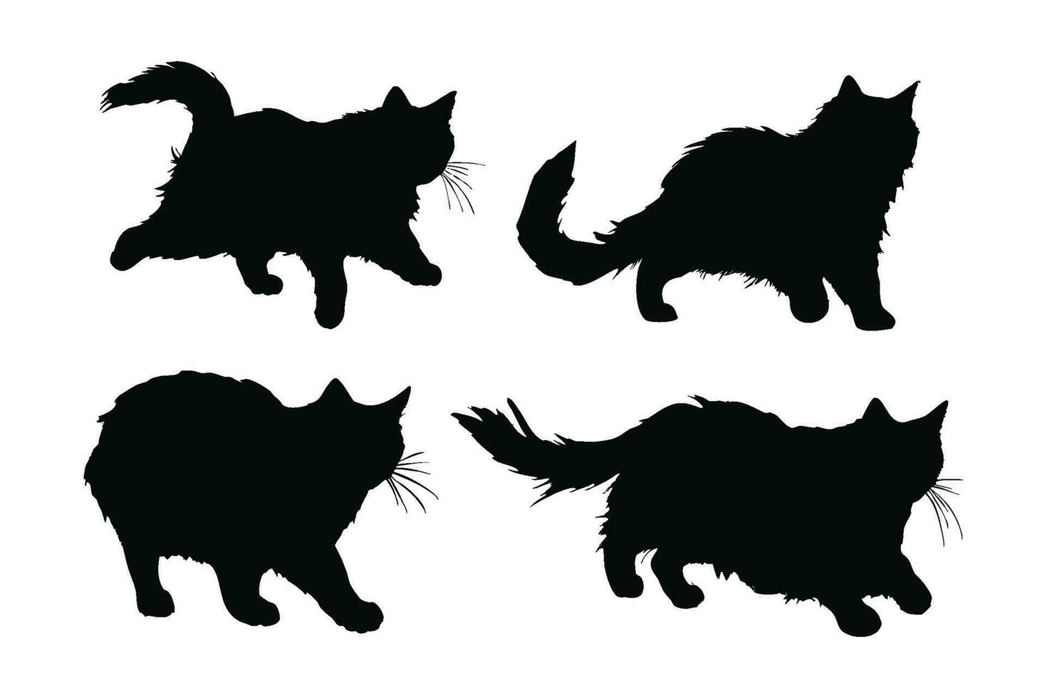 Cute home cat vector design on a white background. Cute cat walking silhouette bundle design. Feline standing silhouette set vector. Cat standing in different positions silhouette collection.