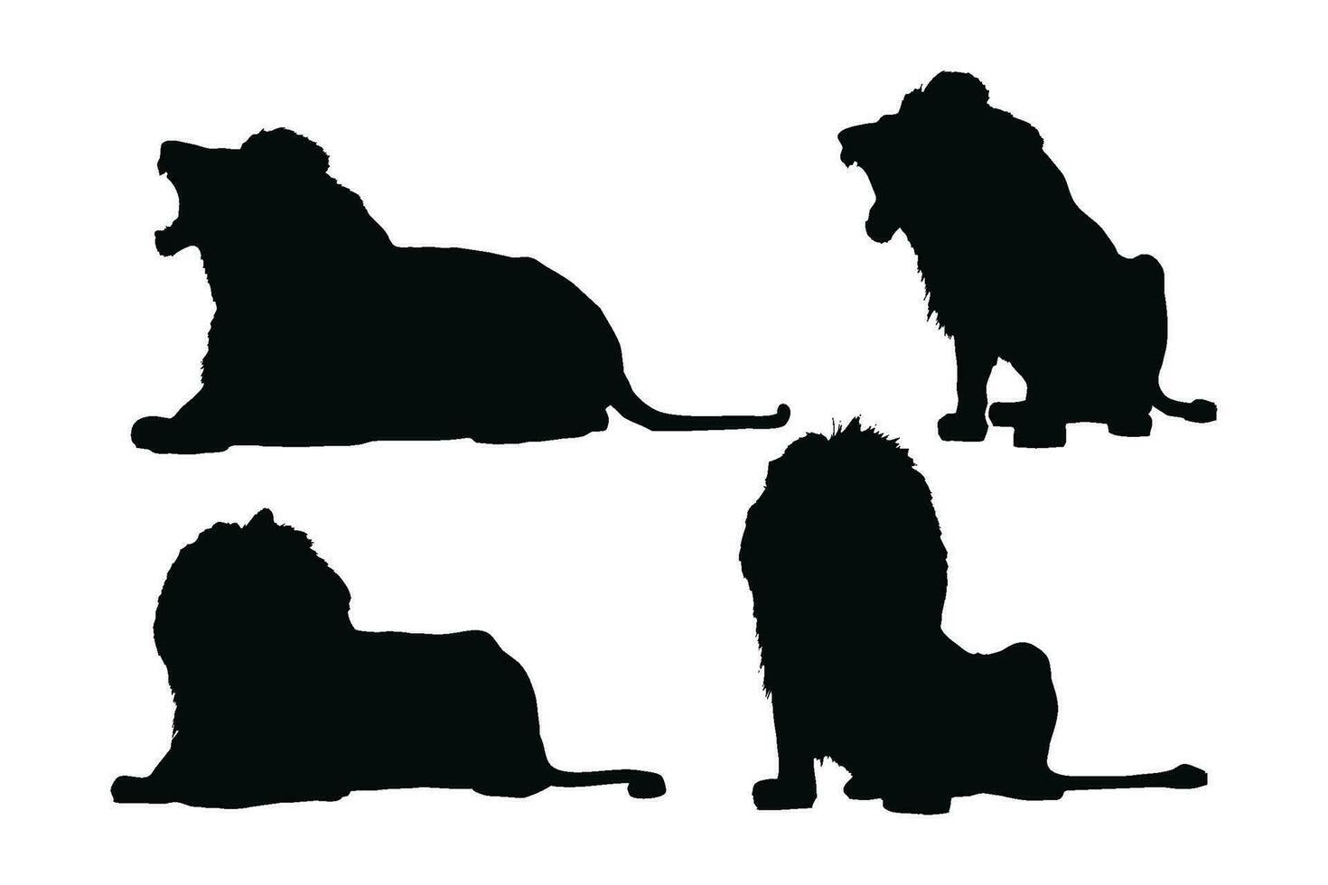 Dangerous lion sitting silhouette set on a white background. Wild Lions silhouette bundle design. Carnivore big cats sitting and roaring in different positions. Lion full body silhouette collection. vector