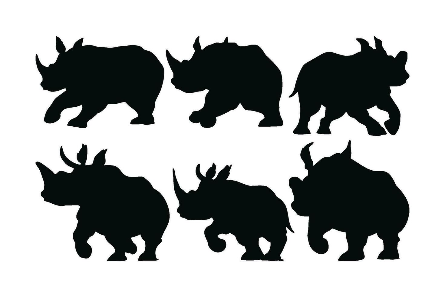 Wild peaceful rhino running in different positions. Herbivorous rhino running silhouette on a white background. Rhino full body silhouette collection. Dangerous rhinoceros silhouette bundle design. vector