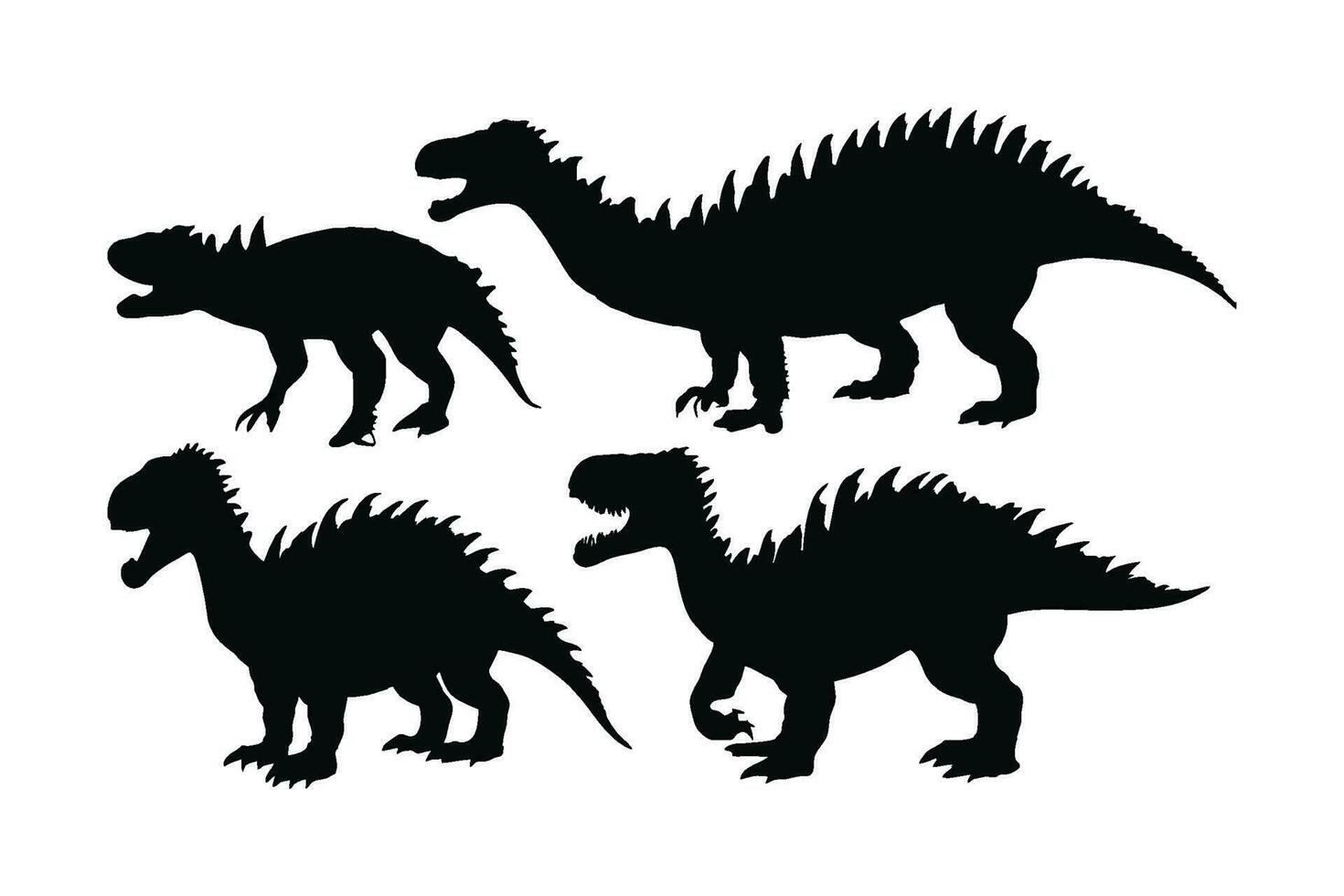 Dinosaur roaring in different positions, silhouette set vector. Big dinosaur standing silhouette collection on a white background. Historic carnivore animals full body silhouette bundles. vector