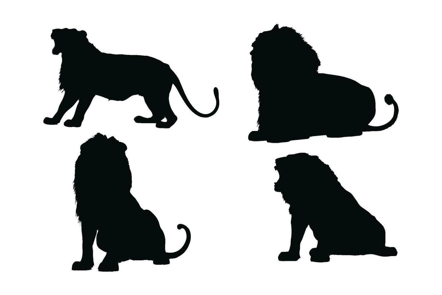 Lion roaring silhouette vector on a white background. Wild lion silhouette set vector. Male lion silhouette bundle design. Carnivore animals sitting in different positions silhouette collection.